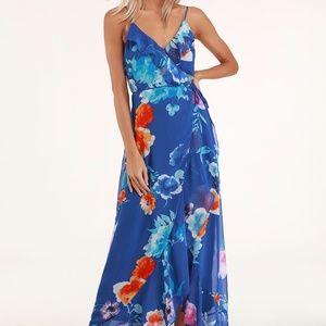 Lulu's Ladean Royal Blue Floral Print Ruffled Wrap Maxi Dress